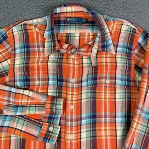 Polo Ralph Lauren Flannel Shirt Mens L Orange Silk Linen Plaid Work Chin Strap